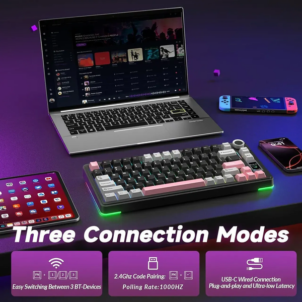 Игровая беспроводная клавиатура AULA S75 PRO 2.4G / Bluetooth / Кабель / С дисплеем / RGB / Аккумулятор 4000 мАч / Siea Switch / Черный корпус / Черный с прозрачным 100 фото