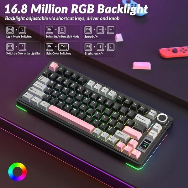 Игровая беспроводная клавиатура AULA S75 PRO / Tri-Mode / С дисплеем / RGB / Black-Pink / Черный с розовым KB-101 фото