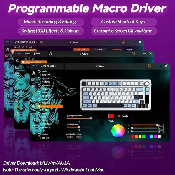 Игровая беспроводная клавиатура AULA S75 PRO / Tri-Mode / С дисплеем / RGB / Black-Pink / Черный с розовым KB-101 фото