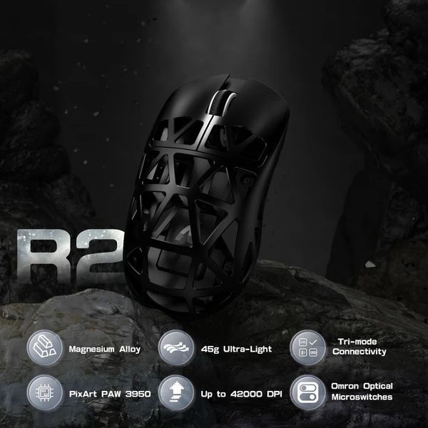 Ігрова бездротова мишка ATTACK SHARK R2 / Tri-Mode / 8000Hz / PAW3950MAX / 42000 DPI / Black MS-109 фото