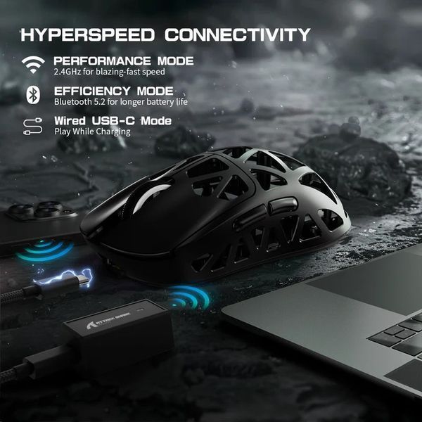 Ігрова бездротова мишка ATTACK SHARK R2 / Tri-Mode / 8000Hz / PAW3950MAX / 42000 DPI / Black MS-109 фото